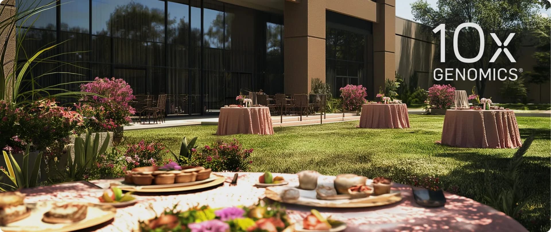 Outdoor reception on a corporate lawn with blush-linen cocktail tables and grazing platters in the foreground