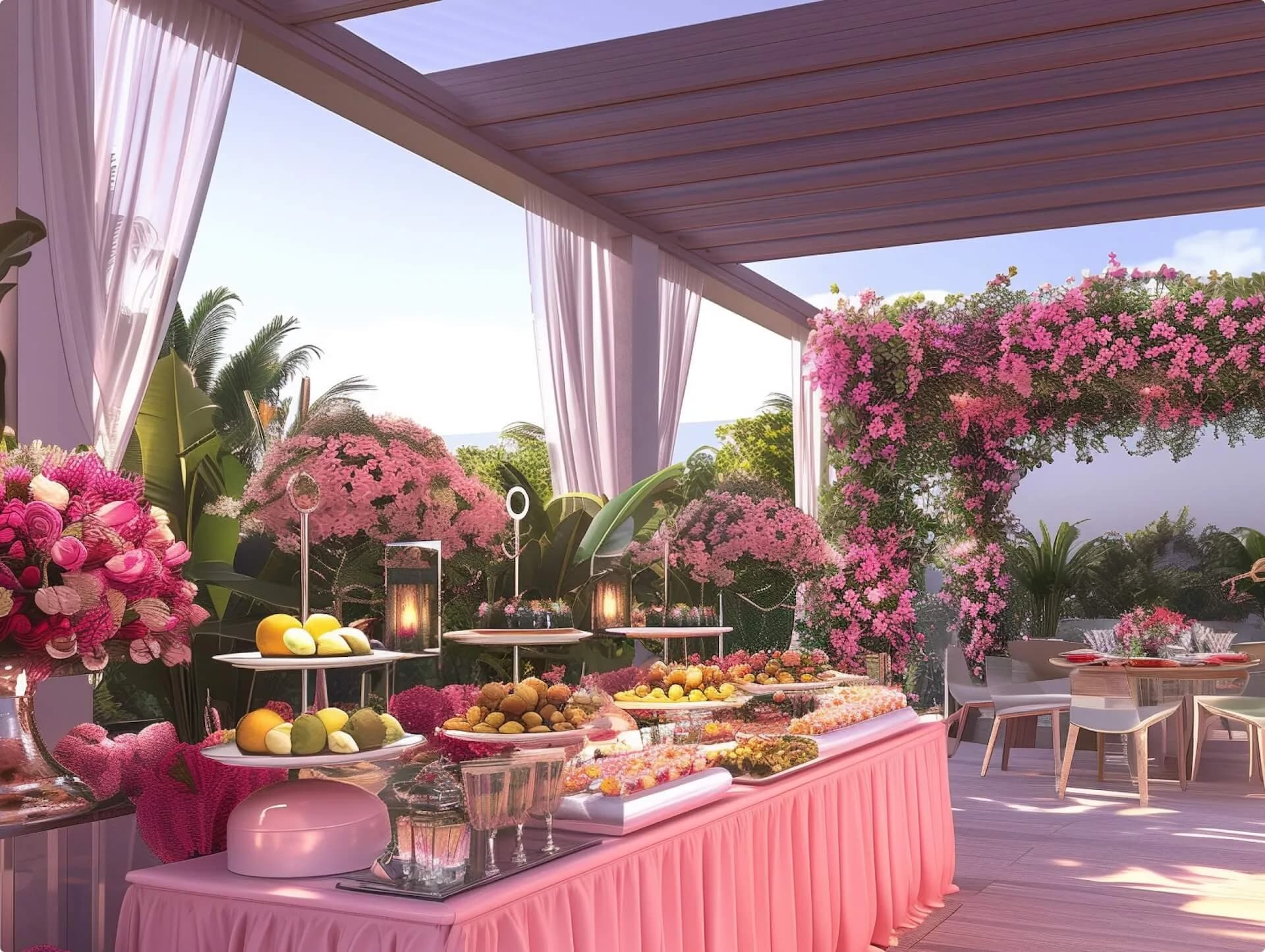 A pink-draped dessert and fruit buffet on a covered terrace surrounded by flowering vines