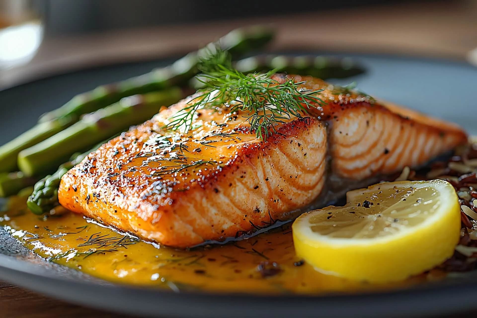 Plated salmon fillet with dill, asparagus, wild rice and lemon in a butter sauce